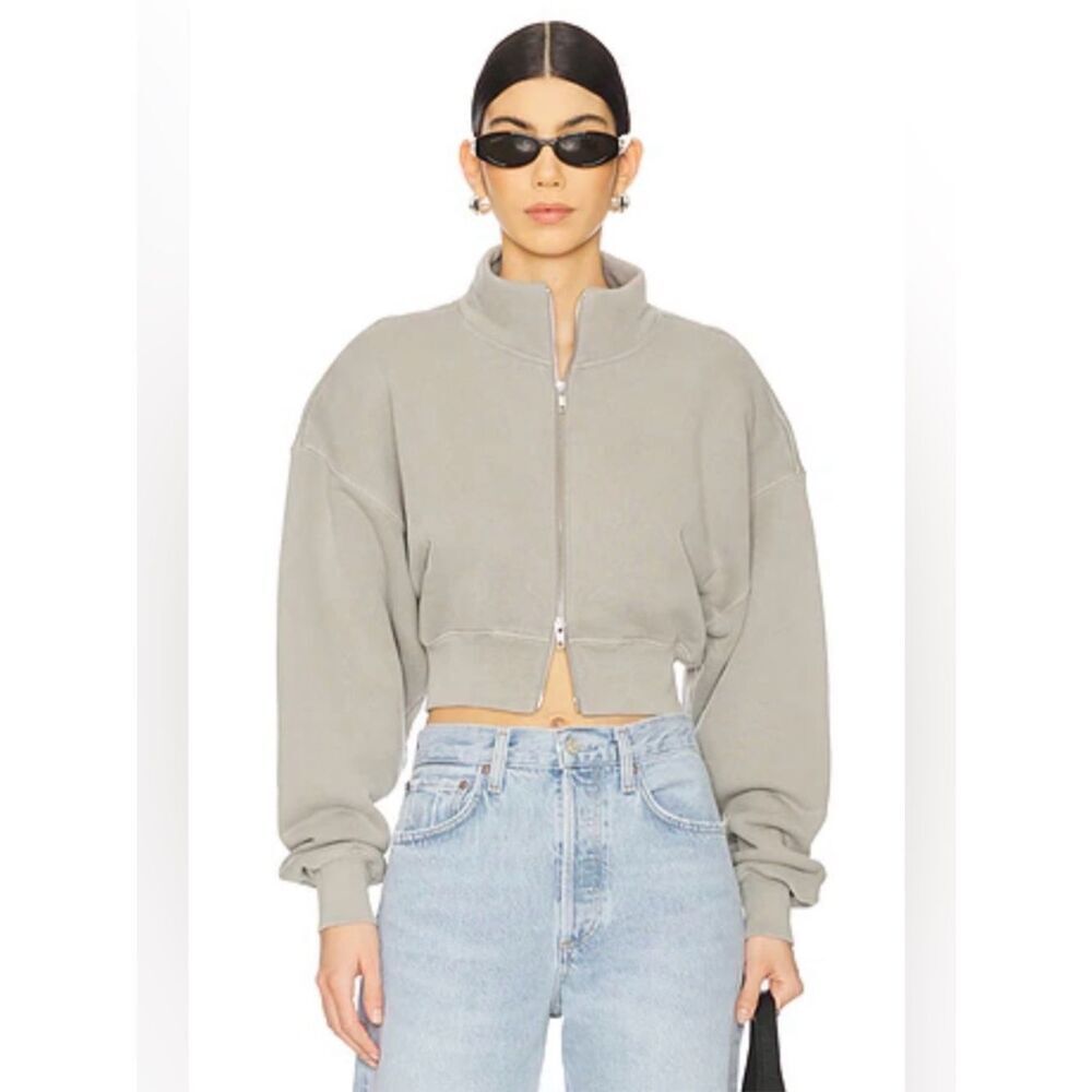AGOLDE Asta Oversize Crop Zip Bomber jacket Sweatshirt in Light Gray